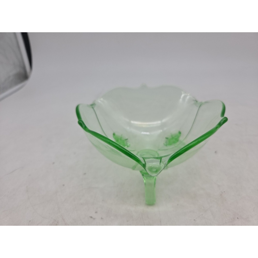 Uranium Glass Footed Bowl Candy/Nut Dish Vintage Green Glowing Petals